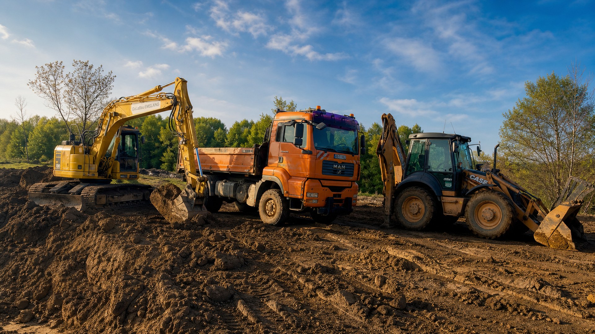Excavator, camion si buldoexcavator in santier